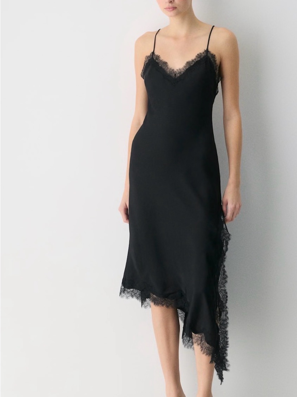 Aritzia Black Lace-Trim Asymmetrical Slip Dress